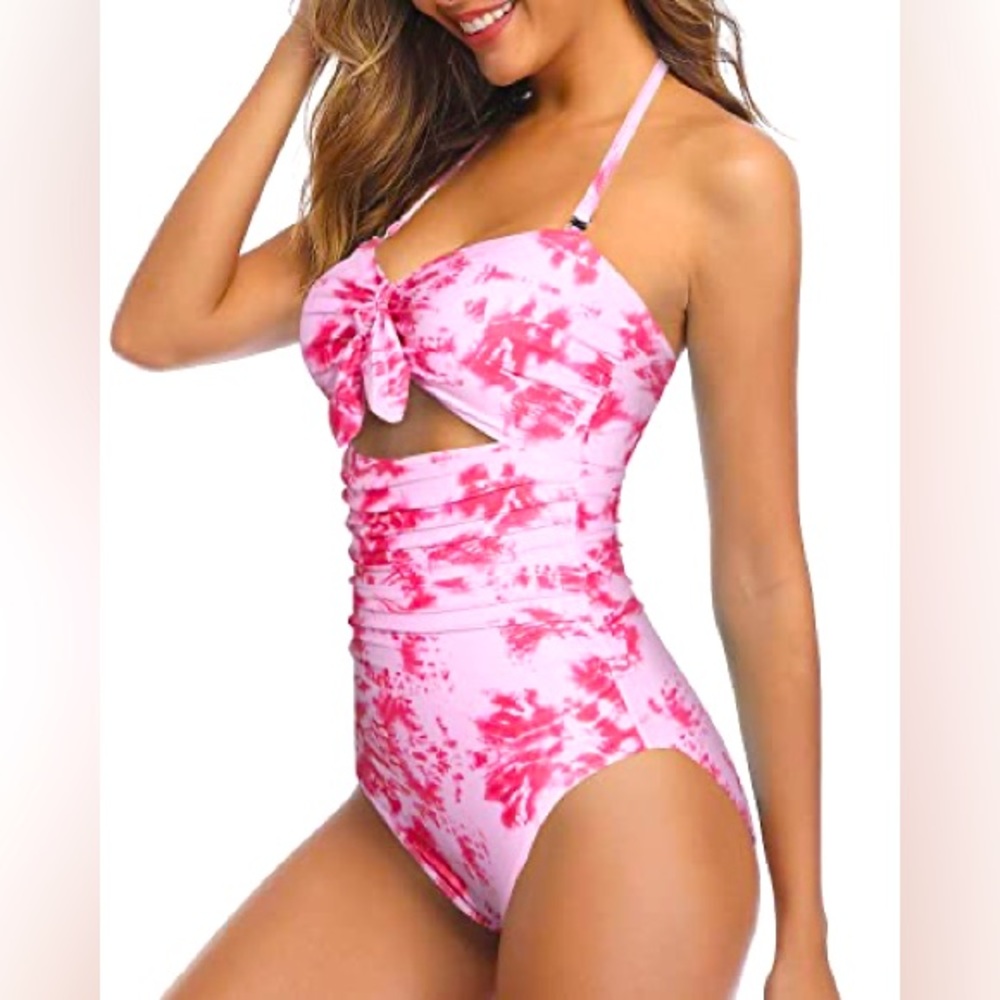 Tempt Me Front Tie Control Halter Backless One Piece Swimsuits-Pink Tie Dye